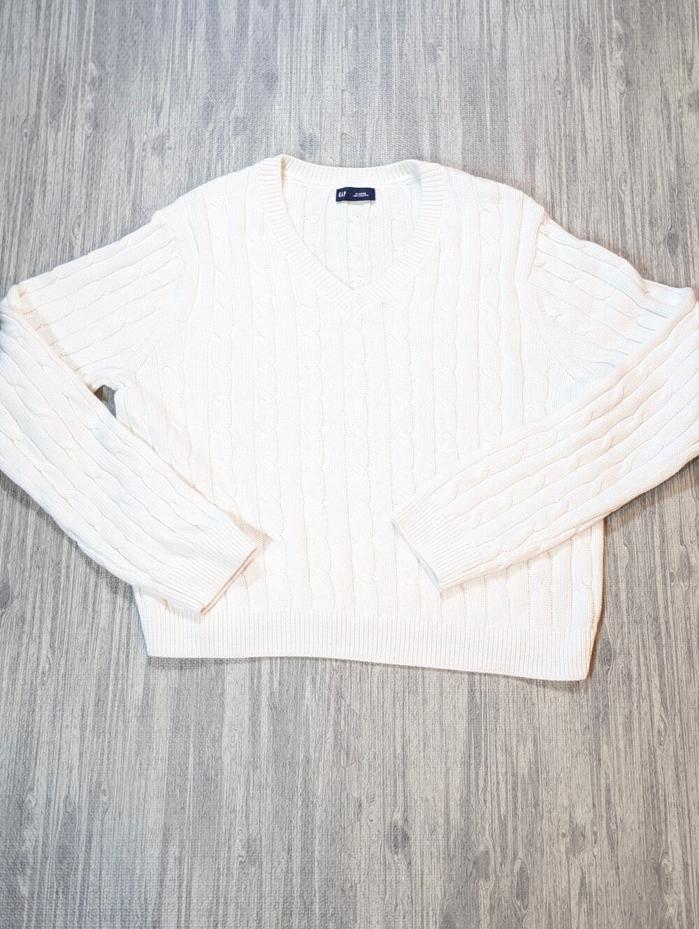 Gap V-Neck Cable-Knit Sweater‎ Classic Costal Chic Preppy Cotton White Sz XL - Picture 3 of 8